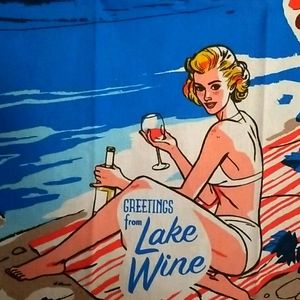 🍷~ Greetings from Lake Wine - retro Screen Printed tea towel Blue Q 21 x 28